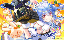 Rule 34 | &gt; &lt;, 1girl, animal ear fluff, animal ears, black gloves, blue hair, braid, breasts, camera, carrot, cleavage, clenched hand, closed mouth, dress, gloves, hikosan, holding, holding camera, hololive, long hair, looking at viewer, medium breasts, orange eyes, pekomon (usada pekora), rabbit ears, smile, solo, sunglasses, twin braids, usada pekora, usada pekora (1st costume), virtual youtuber, white dress