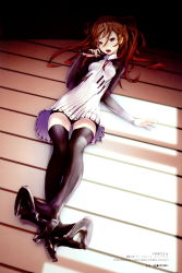 Rule 34 | 1girl, absurdres, arm support, black thighhighs, brown hair, crossed legs, dress, earrings, hair ornament, hairclip, high heels, highres, jewelry, legs, long hair, lying, microphone, miniskirt, on back, open mouth, original, red eyes, redjuice, shoe soles, shoes, sitting, skirt, solo, thighhighs, twintails