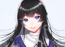Rule 34 | 1girl, absurdres, aqua background, backlighting, black hair, blouse, blue eyes, braid, bubble, commentary, french braid, hair ornament, hairclip, happy birthday, head tilt, highres, jewelry, long hair, looking at viewer, mizuiro 32, necklace, nijisanji, purple shirt, shirt, simple background, smile, solo, striped clothes, striped shirt, tagme, tsukino mito, tsukino mito (2nd costume), virtual youtuber