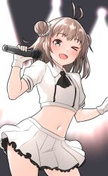 Rule 34 | 1girl, alternate costume, antenna hair, black neckerchief, breasts, brown eyes, brown hair, double bun, frilled skirt, frills, furaggu (frag 0416), gloves, hair bun, highres, holding, holding microphone, kantai collection, microphone, miniskirt, naka (kancolle), naka kai ni (kancolle), navel, neckerchief, one eye closed, open mouth, pleated skirt, puffy short sleeves, puffy sleeves, shirt, short hair, short sleeves, skirt, small breasts, solo, standing, white gloves, white shirt, white skirt