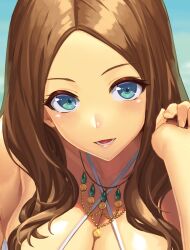 Rule 34 | 1girl, bare shoulders, bikini, blue eyes, blush, breasts, brown hair, cleavage, collarbone, fate/grand order, fate (series), forehead, large breasts, leonardo da vinci (fate), long hair, looking at viewer, open mouth, parted bangs, ranma (kamenrideroz), smile, solo, swimsuit