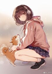 Rule 34 | 1girl, afterimage, bare legs, black footwear, blue skirt, blurry, blurry background, brown eyes, brown hair, chinese commentary, commentary request, dog, fingernails, full body, grey headphones, hand on animal, highres, hood, hood down, hoodie, kita (kitairoha), light particles, looking at viewer, medium hair, miniskirt, original, parted lips, petting, pink hood, pink hoodie, pleated skirt, shadow, shiba inu, shoes, simple background, skirt, sneakers, socks, solo, squatting, tail, tail wagging, watermark, weibo logo, weibo watermark, welsh corgi, white socks