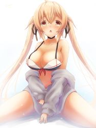 Rule 34 | 1girl, adapted costume, between legs, bikini, bikini under clothes, black bikini, blush, breasts, brown eyes, cleavage, collarbone, hair ribbon, highres, jacket, kantai collection, large breasts, light brown hair, long hair, long sleeves, looking at viewer, murasame (kancolle), navel, open mouth, ribbon, sailor bikini, sailor collar, simple background, sitting, smile, solo, swimsuit, swimsuit under clothes, twintails, undressing, wariza, white background, white jacket, yomitsuna