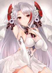 Rule 34 | 1girl, adapted costume, alternate costume, antenna hair, arm behind back, azur lane, bare shoulders, between legs, blush, breasts, bridal gauntlets, bridal veil, brown eyes, cleavage, closed mouth, collarbone, cross, dated, dress, finger to mouth, flower, garter straps, gloves, hair between eyes, hair ornament, half-closed eyes, hand between legs, headgear, highres, iron cross, large breasts, light particles, long hair, looking at viewer, mole, mole on breast, multicolored hair, nail polish, no bra, petals, pink nails, prinz eugen (azur lane), prinz eugen (symphonic fate) (azur lane), red hair, ryara, see-through, sitting, smile, solo, thighhighs, thighs, two side up, veil, very long hair, wedding dress, white dress, white flower, white gloves, white hair, white thighhighs, yokozuwari