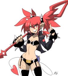 Rule 34 | 1girl, bigdead, black lips, boots, demon, disgaea, etna (disgaea), highres, jacket, lipstick, makeup, middle finger, polearm, red hair, solo, spear, thigh boots, thighhighs, twintails, weapon, wings