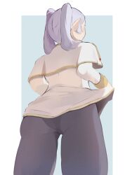 Rule 34 | 1girl, ass, back, black pantyhose, capelet, commentary, dress, english commentary, frieren, grey hair, highres, long hair, long sleeves, naku ramii, panties, panties under pantyhose, pantyhose, pointy ears, solo, sousou no frieren, twintails, underwear, white capelet, white dress