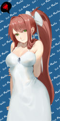Rule 34 | :t, absurdres, arm behind back, arm grab, blue background, breasts, brown hair, cleavage, clenched hand, collarbone, contrapposto, doki doki literature club, english text, green eyes, high ponytail, highres, medium breasts, monika (doki doki literature club), odakojirou, ponytail, ribbon, solo, white ribbon