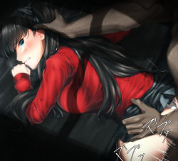 Rule 34 | .ronde, 1boy, 1girl, all fours, bad id, bad pixiv id, black hair, black skirt, blue eyes, blush, breasts, clenched hand, clothed female nude male, clothed sex, crying, doggystyle, fate/stay night, fate (series), from behind, hand on another&#039;s head, hand on another&#039;s hip, heavy breathing, hetero, long hair, long sleeves, looking back, medium breasts, motion lines, nude, panties, pleated skirt, rape, red sweater, sex, sex from behind, skirt, solo focus, sweater, tears, teeth, tohsaka rin, torso grab, two side up, underwear, white panties