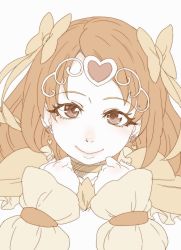 Rule 34 | 1girl, bad id, bad twitter id, bow, brown eyes, brown hair, closed mouth, cure muse, earrings, hair bow, hands up, heart, heart earrings, jewelry, long hair, long sleeves, looking at viewer, magical girl, portrait, precure, shirabe ako, simple background, smile, solo, suite precure, tasaka shinnosuke, white background, yellow bow