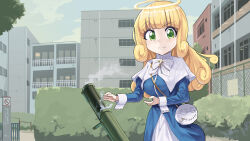 Rule 34 | 1girl, blonde hair, blue dress, blue sky, bow, bowtie, breasts, building, bush, capelet, chain-link fence, closed mouth, cloud, commentary request, cowboy shot, cross, curly hair, day, dress, fence, fuka (kantoku), green eyes, gun, halo, highres, jashin-chan dropkick, large breasts, long hair, long sleeves, looking at viewer, m1 bazooka, no smoking, nun, outdoors, poporon (jashin-chan dropkick), raised eyebrow, rocket launcher, skirt, sky, smoke, smoking gun, solo, weapon, white bow, white bowtie, white capelet, white skirt
