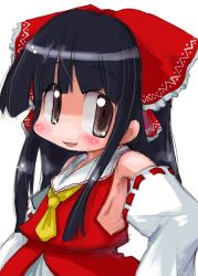 Rule 34 | 1girl, :d, ascot, black hair, blush, bow, detached sleeves, dress, eyebrows, female focus, frills, hair bow, hakurei reimu, imperishable night, long sleeves, looking at viewer, open mouth, red dress, ribbon-trimmed sleeves, ribbon trim, short hair, sidelocks, simple background, smile, solo, tao, tao (kadoya), touhou, white background