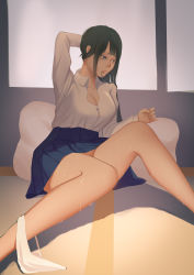 Rule 34 | 1girl, absurdres, arm behind head, arm up, baliu, black hair, blue eyes, blue skirt, breasts, buttons, closed mouth, collared shirt, dress shirt, hair tie, highres, long sleeves, miniskirt, mouth hold, panties, panties around leg, partially undressed, pillow, school uniform, shirt, sitting, skirt, solo, sweat, underwear, white panties, white shirt, wing collar
