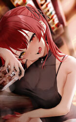 Rule 34 | 1girl, alcohol, bar (place), bare shoulders, black bra, black leotard, black ribbon, blurry, blurry background, blush, bottle, bra, breast press, breasts, cleavage, commentary, covered collarbone, covered navel, cup, drunk, hair between eyes, hair ribbon, heterochromia, high heels, highres, holding, holding cup, hololive, houshou marine, large breasts, lens flare, leotard, long hair, looking at viewer, open mouth, ponnu (nikeytina), red eyes, red footwear, red hair, ribbon, see-through, see-through cleavage, sleeveless, smile, solo, strap slip, tongue, twintails, underwear, virtual youtuber, wavy mouth, yellow eyes