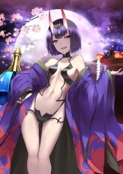Rule 34 | 1girl, absurdres, breasts, cherry blossoms, collarbone, cup, eyeshadow, fangs, fate/grand order, fate (series), food, fruit, full moon, gluteal fold, hand on own hip, headpiece, highres, horns, japanese clothes, legs, looking at viewer, makeup, moon, navel, night, oni, open mouth, petals, purple eyes, purple hair, revealing clothes, sakazuki, shide, shigure s, short eyebrows, short hair, shuten douji (fate), skin-covered horns, small breasts, smile, solo, standing, thigh gap