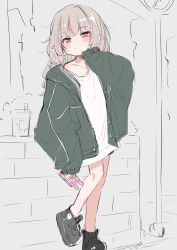 Rule 34 | 1girl, black footwear, blue nails, braid, closed mouth, contrapposto, fingernails, green jacket, grey hair, hand up, highres, holding, holding phone, jacket, long hair, looking at viewer, makaino ririmu, multicolored hair, nail polish, nijisanji, open clothes, open jacket, phone, platform footwear, shirt, shoes, sketch, sketch background, sleeves past wrists, smartphone case, solo, streaked hair, unfinished, utsusumi kio, virtual youtuber, white shirt