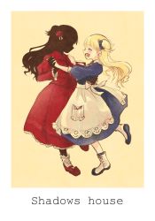 Rule 34 | 2girls, apron, artist request, blonde hair, blush, copyright name, dancing, dress, emilico (shadows house), closed eyes, flower, hair flower, hair ornament, highres, holding hands, juliet sleeves, kate (shadows house), long hair, long sleeves, multiple girls, open mouth, puffy sleeves, red dress, rose, shadows house, silhouette, spats (footwear), two side up, waist apron