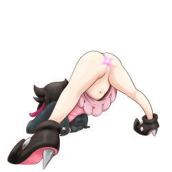 Rule 34 | 1girl, ass, black hair, censored, creatures (company), female pubic hair, from behind, game freak, hat, high heels, highres, jack-o&#039; challenge, marnie (pokemon), microsd (pibo), multicolored hair, navel, nintendo, no panties, pokemon, pokemon swsh, pubic hair, purple hair, simple background, solo, top-down bottom-up, two-tone hair, white background
