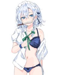 Rule 34 | 1girl, blouse, blue bra, blue eyes, blue panties, bow, bow panties, bra, braid, breasts, cowboy shot, green bow, hair between eyes, highres, izayoi sakuya, looking at viewer, maid headdress, medium breasts, mouth hold, navel, open clothes, open shirt, panties, paragasu (parags112), ribbon, shirt, short hair, short sleeves, simple background, solo, standing, thighs, touhou, twin braids, underwear, white background, white shirt, wrist cuffs