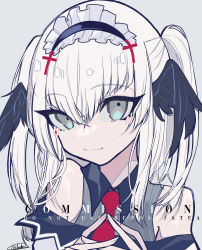 Rule 34 | 1girl, bare shoulders, black wings, chiem (vtuber), clark niel, collared shirt, commission, feathered wings, fingernails, frilled hairband, frills, grey eyes, hairband, highres, indie virtual youtuber, looking at viewer, medium hair, mochizuki kei (style), necktie, red necktie, shirt, solo, two side up, virtual youtuber, wings