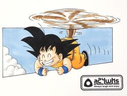 Rule 34 | 1boy, a24wks, artist logo, artist name, black hair, closed eyes, cloud, commentary request, dougi, dragon ball, dragon ball (classic), flying, full body, grin, helicopter tail, highres, male focus, marker (medium), monkey tail, official style, smile, solo, son goku, spinning, tail, toriyama akira (style), traditional media, wristband