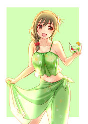 Rule 34 | 10s, 1girl, absurdres, bare shoulders, blush, breasts, brown eyes, brown hair, cleavage, collarbone, cup, drinking glass, drinking straw, flower, hair flower, hair ornament, highres, holding, holding cup, holding drinking glass, idolmaster, idolmaster cinderella girls, jakelian, large breasts, looking at viewer, md5 mismatch, navel, open mouth, resolution mismatch, senkawa chihiro, smile, solo, source smaller