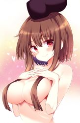 Rule 34 | 1girl, black hat, blush, breasts, brown hair, commentary request, gradient background, hair between eyes, hair censor, hands up, hat, head tilt, heart, highres, large breasts, lips, looking at viewer, maturiuta sorato, nishida satono, nude, pink background, pink eyes, short hair with long locks, sidelocks, smile, solo, touhou, upper body, white background, yellow background