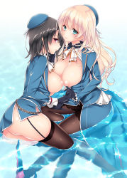 Rule 34 | 10s, 2girls, aqua eyes, ass, atago (kancolle), ayase hazuki, beret, black gloves, black hair, black legwear, blonde hair, breasts, breasts out, floating, from behind, garter straps, gloves, hair between eyes, hat, jacket, kantai collection, large breasts, lips, long hair, looking at viewer, military, military uniform, miniskirt, multiple girls, nipples, open clothes, open jacket, pantyhose, puffy nipples, red eyes, short hair, skirt, skirt set, smile, takao (kancolle), thighhighs, thighs, uniform