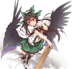 Rule 34 | 1girl, arm cannon, bird wings, black hair, black thighhighs, bow, cape, hair bow, leg ribbon, long hair, looking at viewer, open clothes, open mouth, open shirt, puffy short sleeves, puffy sleeves, red eyes, reiuji utsuho, ribbon, shirt, short sleeves, skirt, solo, thighhighs, third eye, touhou, toutenkou, very long hair, weapon, wings, zettai ryouiki