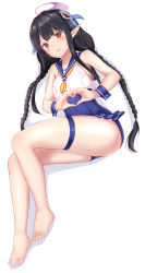 Rule 34 | 1girl, anette (pso2), ass, bad id, bad pixiv id, bare arms, bare legs, bare shoulders, barefoot, beret, black hair, blue one-piece swimsuit, blue sailor collar, blush, braid, breasts, covered navel, crop top, full body, hair ornament, hat, heart, heart hands, highres, long hair, looking at viewer, low twintails, lying, mini hat, neckerchief, on side, one-piece swimsuit, parted lips, phantasy star, phantasy star online 2, pointy ears, red eyes, sailor collar, shadow, shirt, sidelocks, simple background, sleeveless, sleeveless shirt, small breasts, solo, swimsuit, thigh strap, thighs, twin braids, twintails, white background, white hat, white shirt, wrist cuffs, yellow neckerchief, yuano