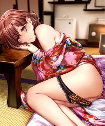 Rule 34 | 1girl, ass, bare shoulders, bed sheet, black panties, blurry, blurry background, blush, brown hair, closed mouth, expressionless, floral print, foot out of frame, half-closed eyes, highres, higuchi madoka, idolmaster, idolmaster shiny colors, indoors, japanese clothes, kimono, kobamiso (kobalt), lace, lace-trimmed panties, lace trim, long sleeves, looking at viewer, off shoulder, on bed, panties, panty pull, purple eyes, pussy juice, short hair, sitting, solo, swept bangs, tatami, tiger stripes, two-tone panties, underwear, wide sleeves, yellow panties