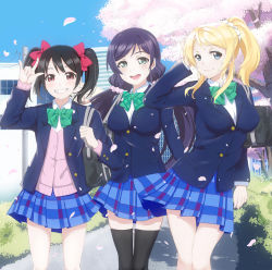 Rule 34 | 10s, 3girls, \m/, ayase eli, black hair, blazer, blonde hair, blue eyes, bow, breasts, cardigan, cherry blossoms, green eyes, hair bow, jacket, largo (largo-hal2001k91), long hair, looking at viewer, love live!, love live! school idol project, medium breasts, multiple girls, open mouth, petals, ponytail, purple hair, red eyes, school uniform, skirt, smile, thighhighs, tojo nozomi, twintails, yazawa nico