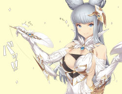 Rule 34 | 10s, 1girl, animal ears, blue eyes, breasts, cleavage, dress, elbow gloves, erune, gloves, granblue fantasy, headpiece, highres, korwa, large breasts, looking at viewer, quill, silver hair, simple background, skindentation, smile, solo, sparkle, white dress, white gloves, yellow background, yn red