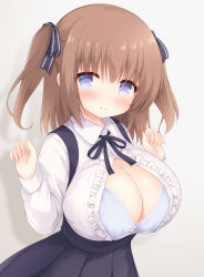 Rule 34 | 1girl, arms up, black dress, blouse, blue bra, blue eyes, blush, bra, breasts, brown hair, cleavage, closed mouth, collared shirt, commentary request, commission, dress, hair ribbon, highres, large breasts, long hair, long sleeves, looking at viewer, meme attire, oppai loli, original, pixiv commission, popped button, ribbon, shirt, simple background, solo, standing, twintails, underwear, upper body, virgin killer outfit, white shirt, yuu (yumezakura)