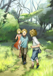 Rule 34 | 00s, 1girl, 2boys, aged down, ahoge, alphonse elric, bad id, bad pixiv id, bag, blonde hair, blouse, blue eyes, bob cut, brothers, collared shirt, day, edward elric, forest, fullmetal alchemist, highres, layered sleeves, long sleeves, multiple boys, nature, noako, outdoors, shirt, short hair, short over long sleeves, short sleeves, shoulder bag, siblings, smile, socks, white legwear, white shirt, winry rockbell