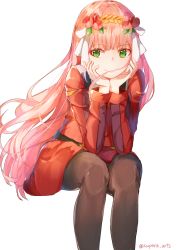 Rule 34 | 10s, 1girl, black pantyhose, breasts, darling in the franxx, flower, green eyes, hair flower, hair ornament, hairband, head rest, highres, horns, long hair, medium breasts, pantyhose, pink hair, red horns, simple background, sitting, smile, solo, supera, twitter username, uniform, zero two (darling in the franxx)