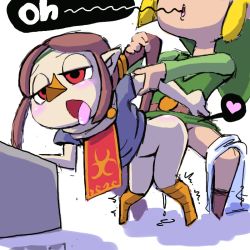 Rule 34 | 1boy, 1girl, ahegao, beak, blonde hair, blush, clothed sex, clothes lift, cum, cumdrip, doggystyle, dress, dress lift, heart, hetero, interspecies, link, medli, minuspal, nintendo, open mouth, ponytail, red eyes, red hair, rito, sex, sex from behind, the legend of zelda, the legend of zelda: the wind waker, tongue, tongue out, toon link