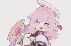 Rule 34 | 1girl, :d, chibi, elf elysia, elysia (honkai impact), eyebrows hidden by hair, gloves, grey background, halo, holding, holding staff, honkai (series), honkai impact 3rd, looking at viewer, mogomaco, open mouth, pink hair, purple eyes, shirt, simple background, smile, solo, staff, upper body, white gloves, white shirt