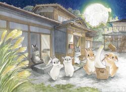 animal animal_focus architecture berry_jou building east_asian_architecture full_moon grass highres holding holding_mallet kine mallet mochitsuki moon night no_humans original outdoors rabbit sky star_(sky) starry_sky tongue tongue_out tsukimi