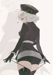 Rule 34 | 1girl, absurdres, ahoge, black gloves, black hat, black jacket, black shorts, black thighhighs, cropped jacket, curly hair, from behind, garter straps, glasses, gloves, hair behind ear, hat, heart, highres, jacket, looking at viewer, looking back, mole, mole under eye, open mouth, pugongying, qq dance, red-framed eyewear, short hair, shorts, sideways glance, simple background, skindentation, smile, solo, strap pull, thighhighs, virtual youtuber, white background, white hair, xingtong, zoom layer