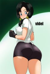 Rule 34 | 1girl, ass, bike shorts, black gloves, black hair, blue eyes, blush, breasts, closed mouth, cowboy shot, dragon ball, dragonball z, covered erect nipples, fingerless gloves, from behind, gloves, grey background, huge ass, long hair, looking at viewer, medium breasts, shirt, short sleeves, smile, solo, standing, t-shirt, thelorope, twintails, two-tone background, videl, white shirt