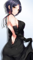 Rule 34 | 1girl, absurdres, back, backless dress, backless outfit, bare shoulders, black dress, black gloves, blue hair, breasts, closed mouth, commentary request, dress, earrings, elbow gloves, floral print, from behind, gloves, grey background, halterneck, hayami kanade, highres, idolmaster, idolmaster cinderella girls, jewelry, looking at viewer, looking back, looking to the side, medium breasts, parted bangs, ryuu., shadow, short hair, simple background, skirt hold, smile, solo, yellow eyes