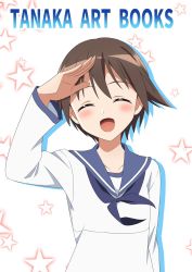 Rule 34 | 1girl, blue sailor collar, brown hair, commentary request, closed eyes, facing viewer, hair flaps, highres, kanata mako, miyafuji yoshika, sailor collar, sailor shirt, salute, shirt, short hair, solo, star (symbol), starry background, strike witches, upper body, white background, world witches series