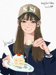 Rule 34 | 1girl, absurdres, animification, blue jacket, cake, cake slice, character name, cherry, chinese commentary, food, fruit, grey background, grey eyes, grey shirt, hair behind ear, happy birthday, highres, holding, holding plate, jacket, k-pop, letterman jacket, looking at viewer, luda (wjsn), parted lips, plate, real life, shirt, smile, solo, wjsn, xiangzhen