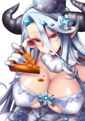 Rule 34 | 10s, 1girl, blue hair, breasts, brown eyes, cleavage, draph, covered erect nipples, fi-san, food, food on body, food on face, granblue fantasy, horns, huge breasts, izmir, long hair, looking at viewer, open mouth, pie, pointy ears, solo, transparent background