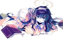 Rule 34 | 1girl, arm support, black hair, blue archive, blue eyes, blue neckerchief, blush, book, brown cardigan, cardigan, dot nose, furrowed brow, hair between eyes, hair tie, hairband, halo, highres, jewelry, long bangs, long hair, long sleeves, looking at viewer, lying, messy hair, meto (metrin), neckerchief, on stomach, open book, open mouth, pendant, pleated skirt, sailor collar, school uniform, serafuku, sidelocks, simple background, skirt, sleeve cuffs, solo, sweatdrop, ui (blue archive), white background, white sailor collar, white skirt