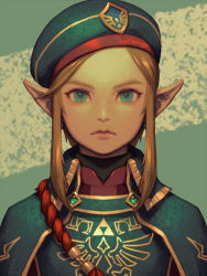 Rule 34 | 1boy, artist name, bellhenge, blonde hair, blue eyes, blue hat, closed mouth, commentary, earrings, emblem, eyebrows, forehead, hat, jewelry, link, lips, male focus, military, military uniform, nintendo, pointy ears, portrait, rope, short hair with long locks, solo, the legend of zelda, the legend of zelda: breath of the wild, triforce, uniform, v-shaped eyebrows