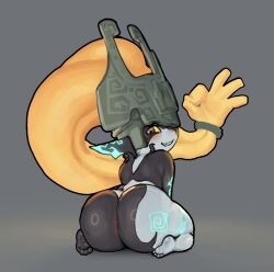 Rule 34 | 1girl, anus, ass, barefoot, blush, colored sclera, fang, feet, from behind, grey background, grin, helmet, highres, huge ass, imp, kneeling, leaning forward, long hair, looking back, midna, nintendo, okdudelisten, one eye covered, orange hair, pointy ears, red eyes, simple background, sitting, smile, solo, the legend of zelda, the legend of zelda: twilight princess, thick thighs, thighs, toes, wariza, yellow sclera