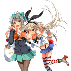 Rule 34 | 10s, 2girls, anchor, baozi, blonde hair, bow, brown eyes, eating, elbow gloves, food, gloves, grey hair, hairband, kantai collection, long hair, multiple girls, murakami yuichi, navel, open mouth, pantyhose, personification, ponytail, scarf, shared clothes, shared scarf, shimakaze (kancolle), short hair, simple background, skirt, striped clothes, striped legwear, striped thighhighs, thighhighs, white background, white gloves, yuubari (kancolle)