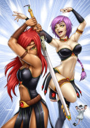Rule 34 | 2girls, absurdres, armlet, barefoot, black skirt, breasts, cleavage, dark-skinned female, dark skin, facial mark, green eyes, groin, headband, highres, jewelry, large breasts, long hair, midriff, mouse (animal), multiple girls, nail polish, navel, neck ring, open mouth, original, pink nails, purple hair, red hair, ring, sam delatore, serious, side slit, signature, skirt, smile, standing, standing on one leg, strapless, sword, tan, toeless legwear, toenail polish, toenails, toes, toned, tube top, weapon, yellow eyes