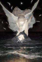 Rule 34 | 2girls, angel, angel wings, barefoot, beach, black dress, closed eyes, dress, expressionless, feathered wings, feathers, grey hair, halo, highres, holding hands, horizon, horns, long hair, looking at viewer, multiple girls, night, original, shirone (coxo ii), sky, water, white dress, white wings, wings